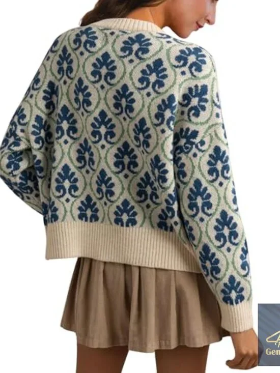 Long Sleeve Floral Cardigan Sweater Open Front Button Down Vintage Outerwear - Picture 2 of 7